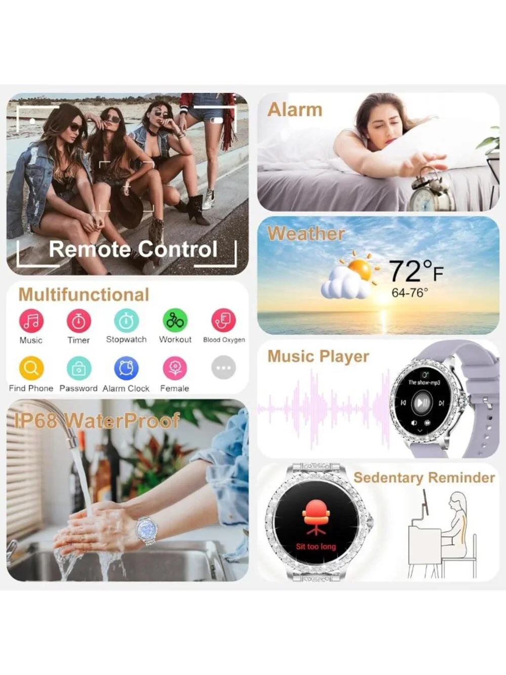 Stylish Diamond Smart Watch for Women, Full Screen Fitness Tracker, Heart Rate